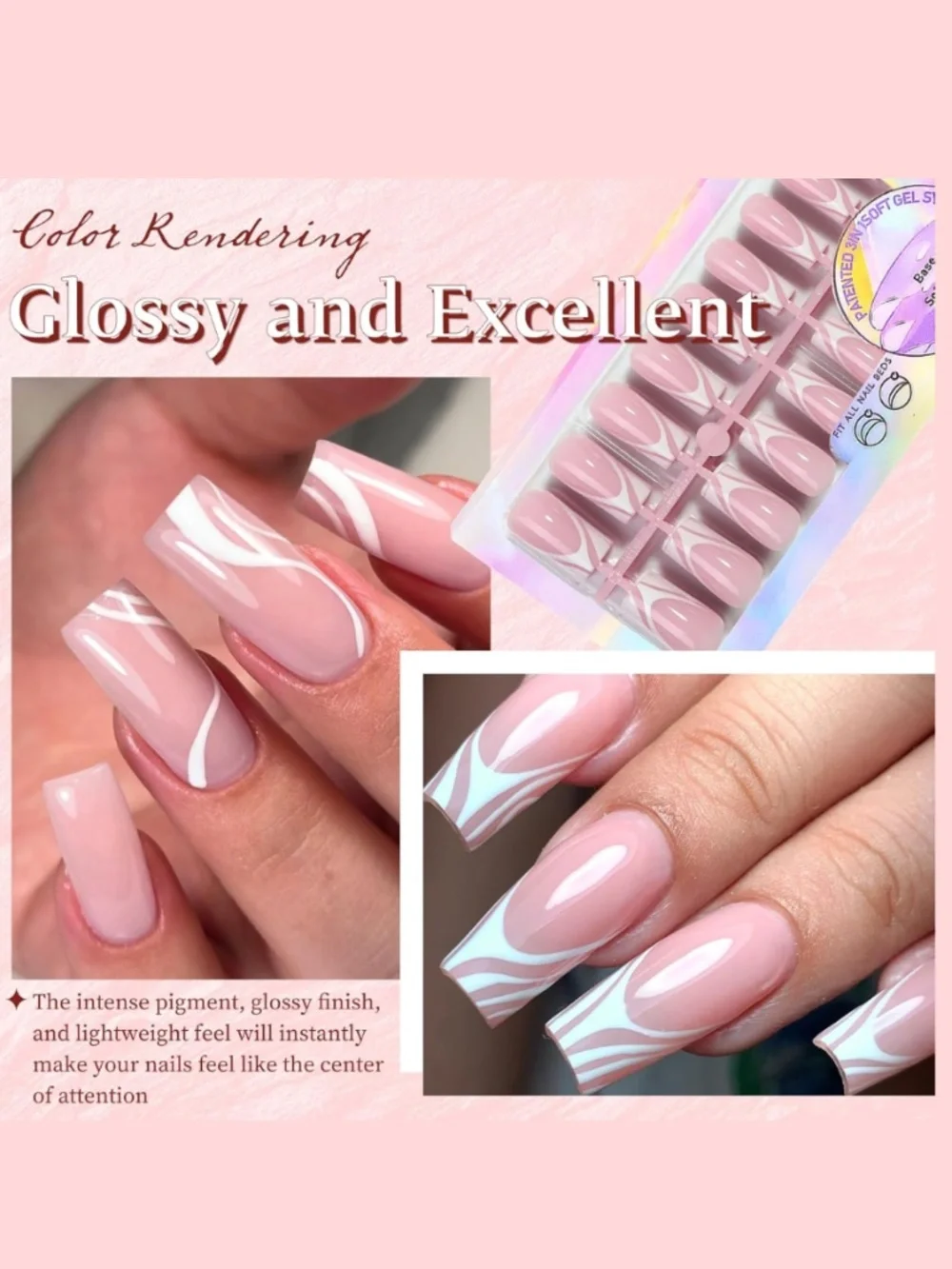 Pink & White Swirl Medium Square Press On Nails